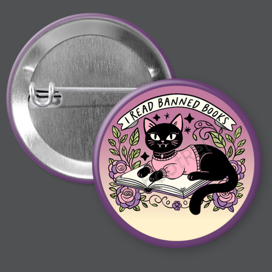 I Read Banned Books: Cute Cat - 1.5" or 2.25", Pin or Magnet